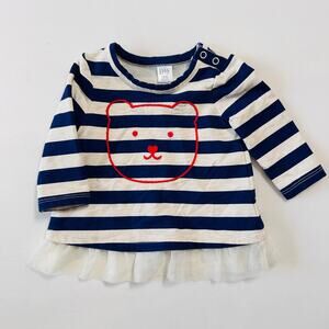Nordstrom Baby Embroidered Bear Striped Tulle Peplum Hem Long Sleeve Top Sz 3mo